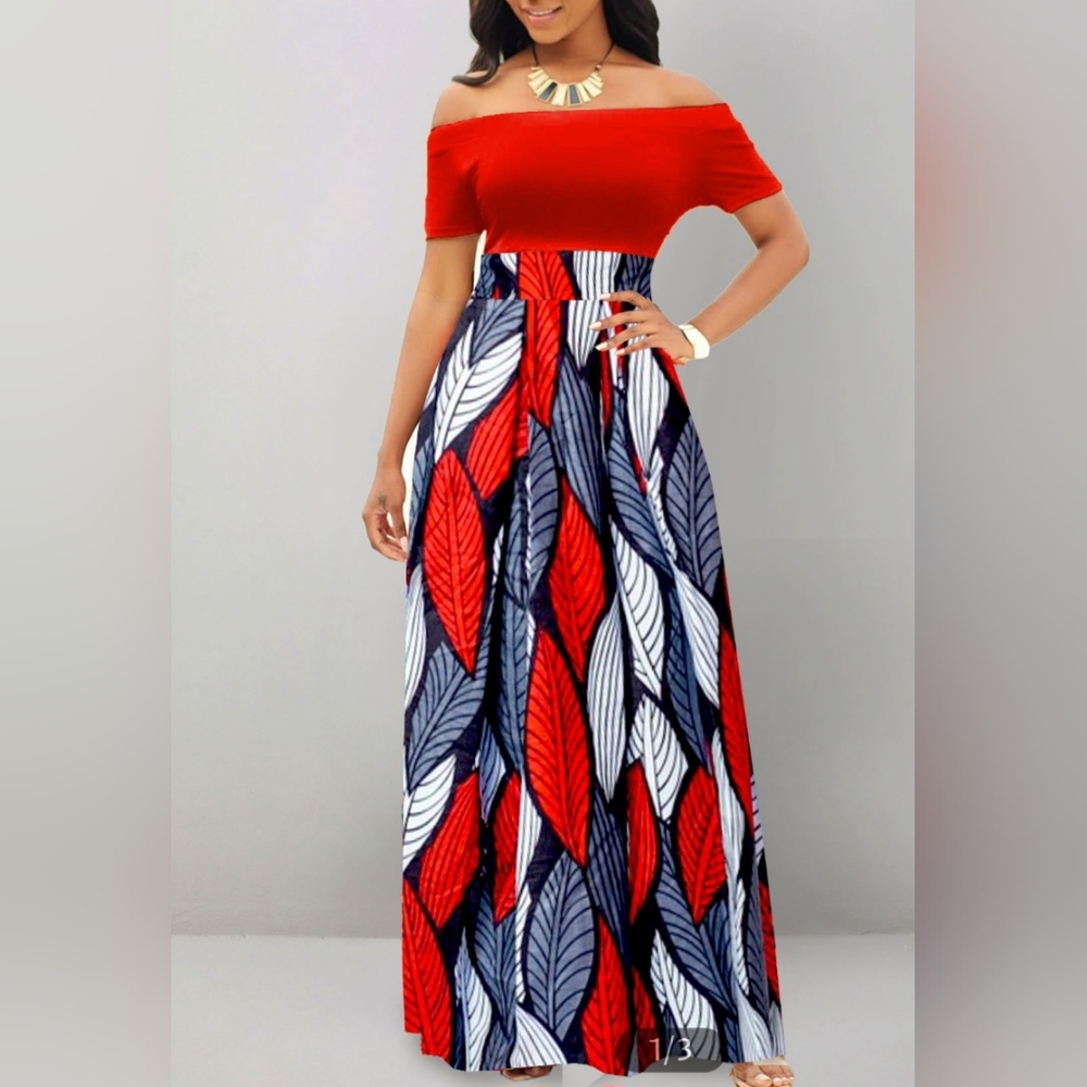 Red and Blue Leaf Print Maxi Dress